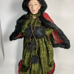 Vtg Dickens Christmas  Caroller Tree Topper Centerpiece 15" Figurine Faux Fur